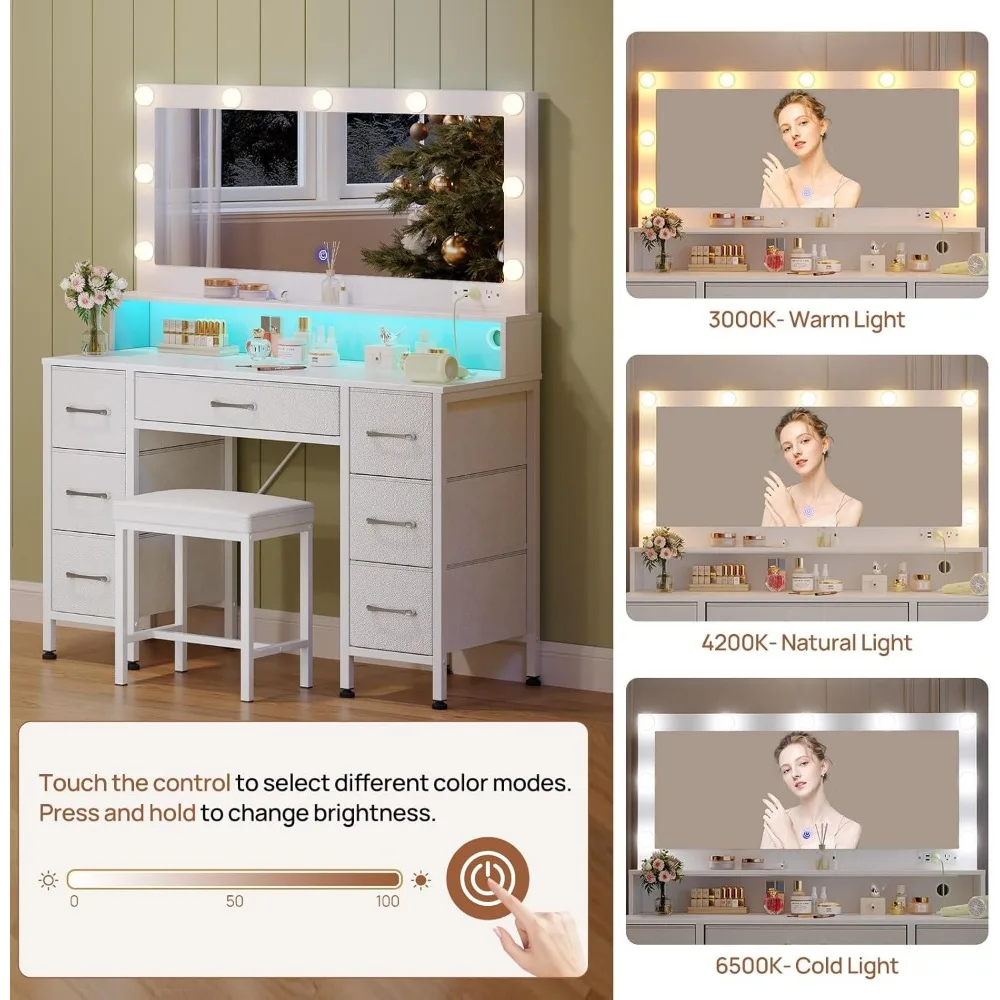 Vanity Desk with Mirror and Lights, Makeup Vanity with Upholstered Vanity Stool,Fabric Drawers,9 Dimmable LED Bulbs,Vanity Set 2