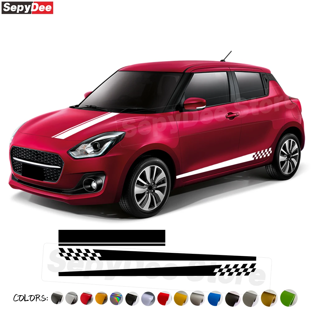 Checkered Graphic Car Door Side Stripes Skirt Stickers for Suzuki Swift Hood Bonnet Decor Vinyl Film Decal Car Accessories 1