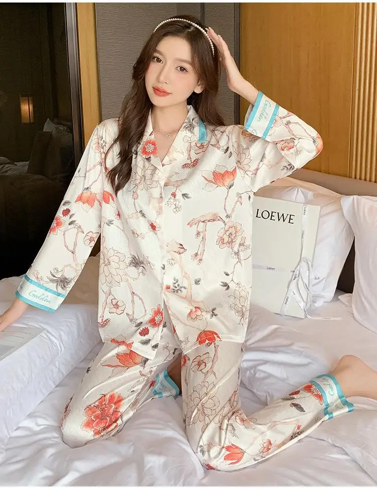 New women's pajamas ice silk long-sleeved noble floral jacquard two-piece suit  bộ đồ ngủ mùa hè nữ  pijamas women