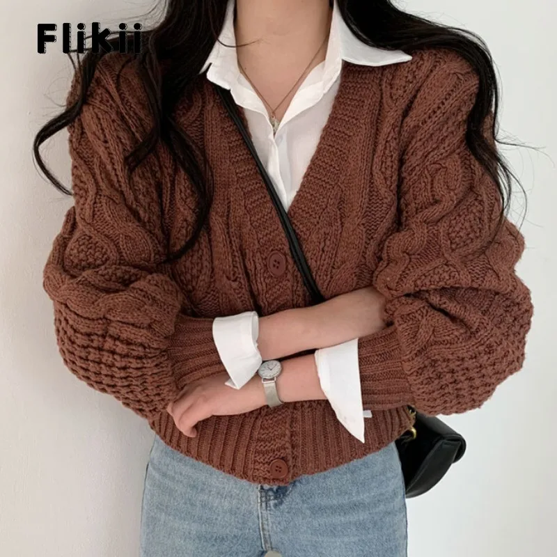 

Women Vintage Solid Color Knitting Long Sleeve V-neck Cardigans 2023 Winter Korean Fashion Casual Single Breasted Chic Sweater