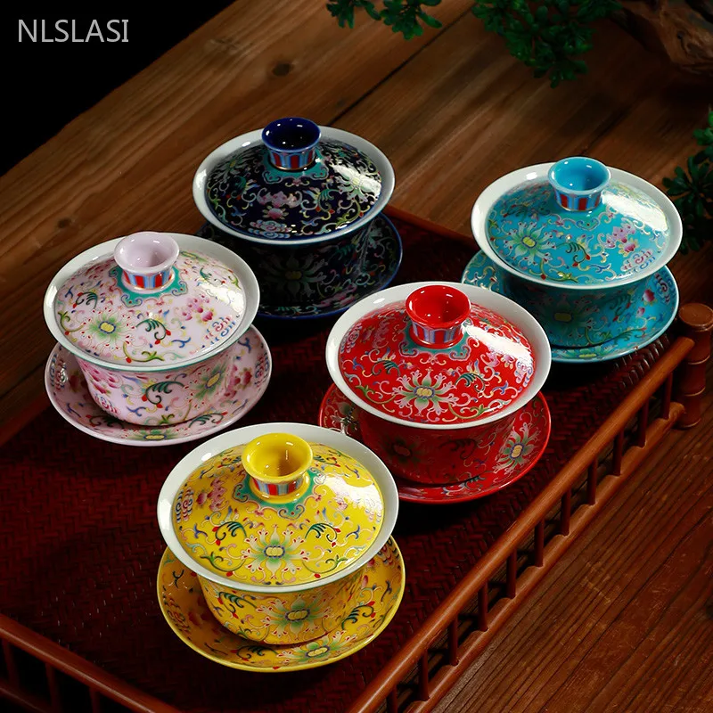 WSHYUFEI Jingdezhen Porcelain Gaiwan Exquisite Enamel Color Tea Bowl with Saucer Lid Kit Handmade ceramics Teaware 280ml
