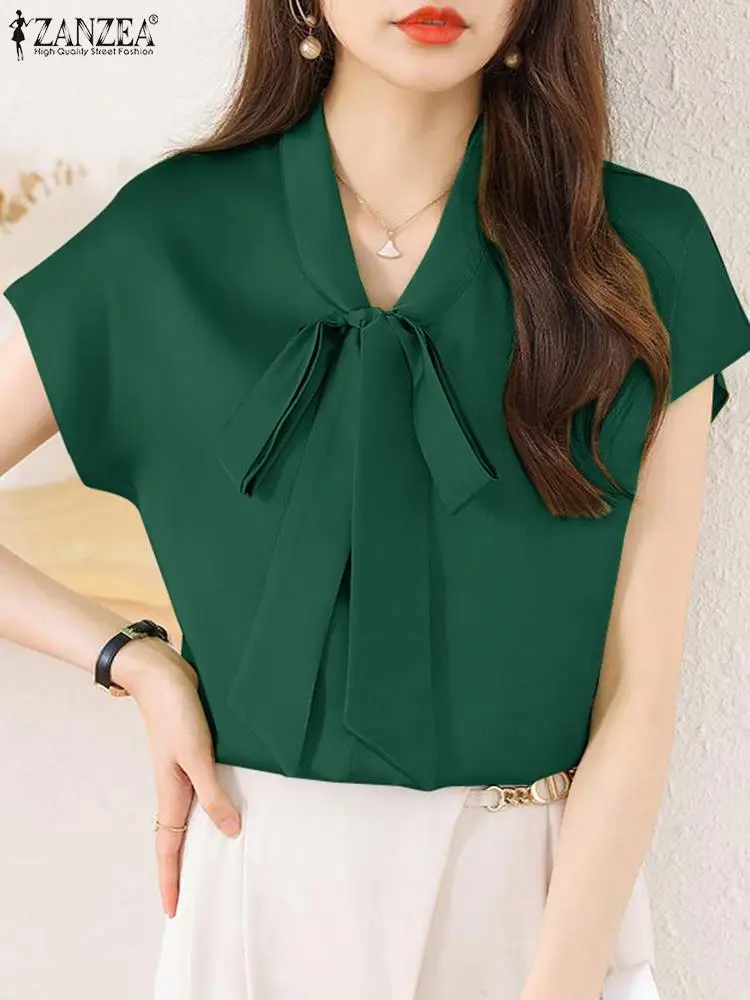 

Женская Элегантная атласная блузка ZANZEA, летние топы на шнуровке с коротким рукавом, женские повседневные блузы, модная однотонная Офисная Рабочая Рубашка