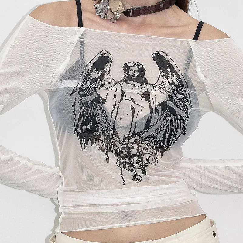 Fashion Knitted Mesh Character Print Graphic T Shirts Casual One-Piece Neckline Long Sleeve Women Clothes See-Through Y2k Top