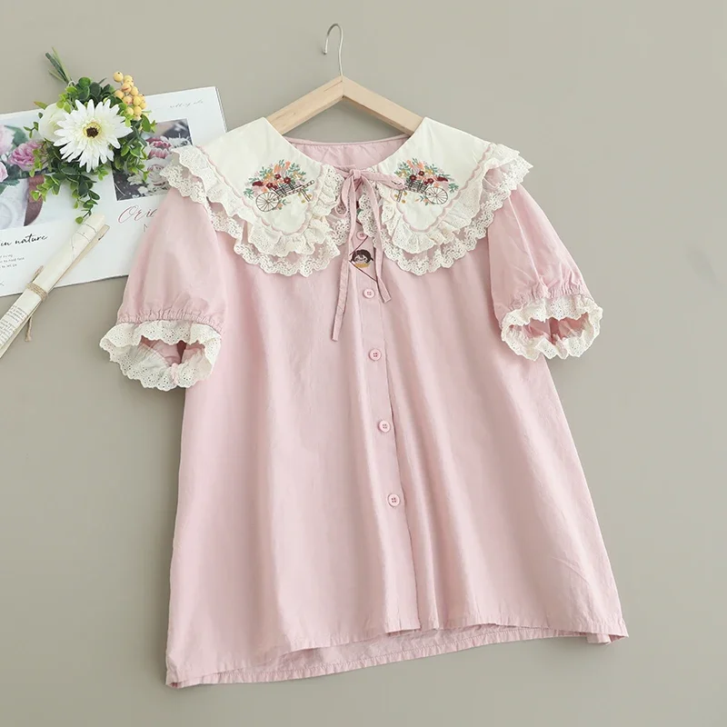 Summer Sweet Mori Girl Lace Floral Embroidered Shirt Women Short Sleeve Cute Peter Pan Collar Single Breasted Casual Blouse Tops
