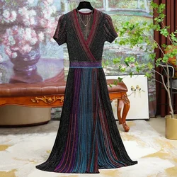 Summer Knitted Women's Dresses Formal Evening Dress Heavy Industry V-Neck Long Fit  Elegant Print A Line Skirts Women Clothing
