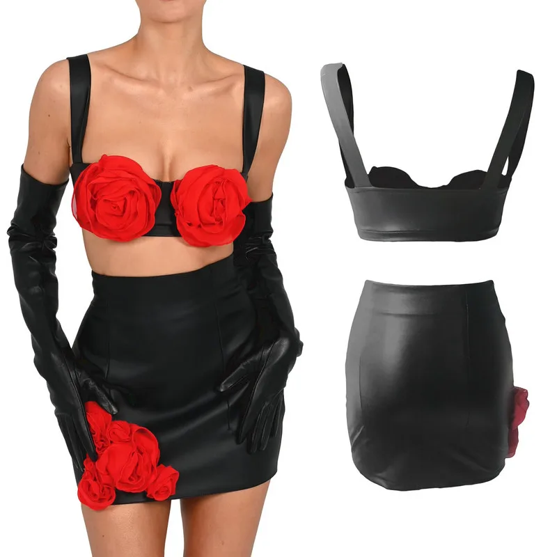 

Женский комплект из двух предметов с юбкой, топ на бретельках без рукавов с открытой спиной и мини-юбка с 3D красными цветами, Привлекательный костюм, лето 2023