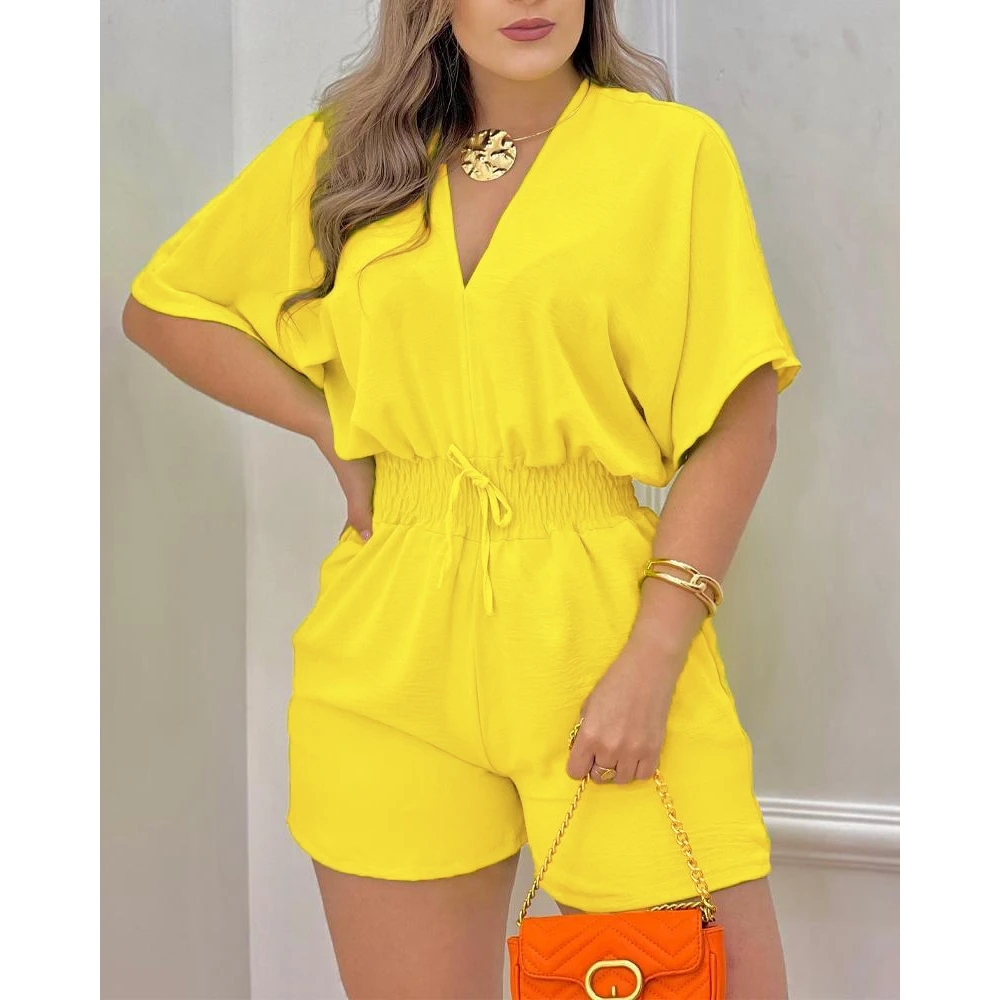 

Summer Women Batwing Sleeve Shirred Waist V-Neck Romper 2023 Sexy Vacation One Piece Short Sleeve Outfits Streetwear Jumpsuit