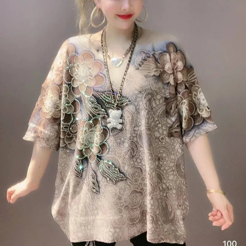 

2023 New Arrival Summer Arts Style Women All-matched Loose Casual Short Sleeve Fashion Floral Print O-neck T Shirt P776