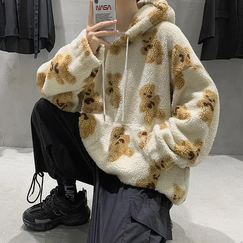 Lamb Wool Sweatshirt Women 2023 Cartoon Little Bear Pullover Y2K Hoodies Women Streetwear Trend Loose Men Tops Men's Winter Coat