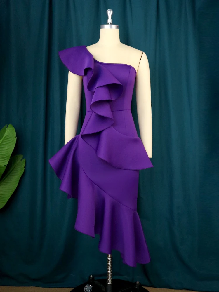 ONTINVA Plus Size Midi Dresses Purple One Shoulder Ruffles High Waist Irregular Women Evening Cocktail Event Party Gowns 4XL