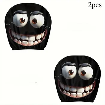 2pcs Cartoon Face Printed Car Pillowcase Soft Comfortable Decorative Cushion Cover Auto Seat Headrest Washable Polyester Fabric