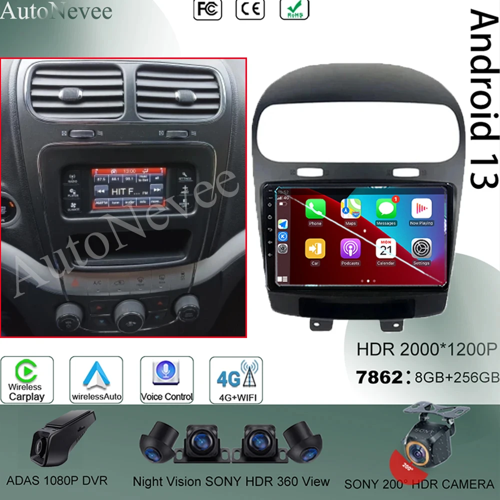 

For Dodge Journey Fiat Leap 2012 -2020 Car WIFI Player Android 13 Auto RDS GPS DVD Video Radio Navigation Multimedia Touch QLED