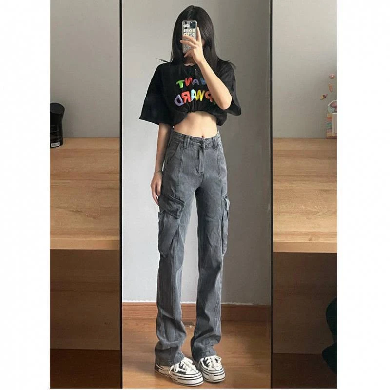 Jeans Women Sweatpants Bottoms BF Y2k Cargo Big Pockets Vintage High Waisted Hippie Trousers Baggy Korean Style Straight Pants good american jeans