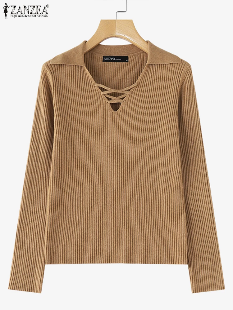 Women Knitted Sweaters Autumn Pullover Solid Tops Long Sleeve V Neck