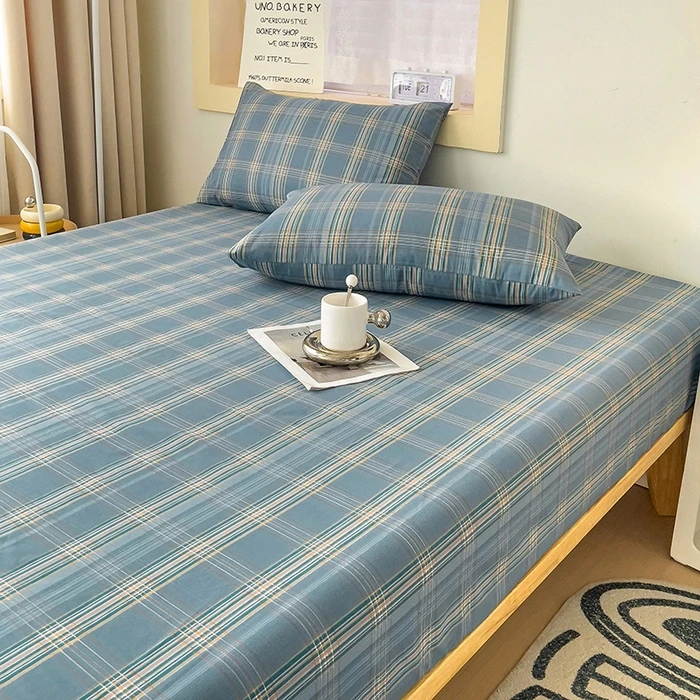 1pc 100%Cotton Bed Sheet with Elastic Band Japanese Style Plaid Printed Fitted Sheet Single/Queen/King  Bedsheet for Double Bed 4