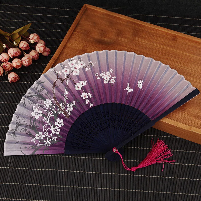

Vintage Chinese Spun Silk Flower Printing Hand Fan Folding Hollow Carved Event Party Anime Costume Halloween Christmas
