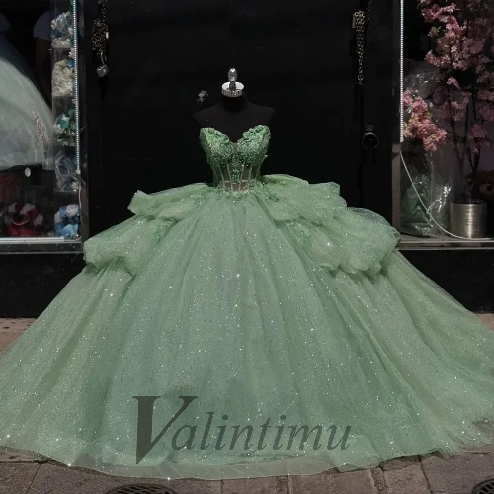 Valintimu Luxury Layered Quinceanera Dresses for Girl Bow Sweetheart Chapel Train Tulle Robe Quinceanera Rouge Customized
