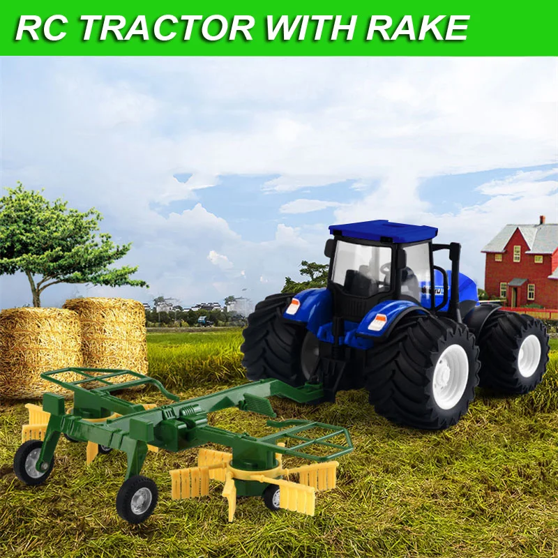 RC Truck Farm Tractor with 2 Rechargeable Batteries 1/24 High Simulation Construction Vehicle with Dual Rotary Swath Windrower 3