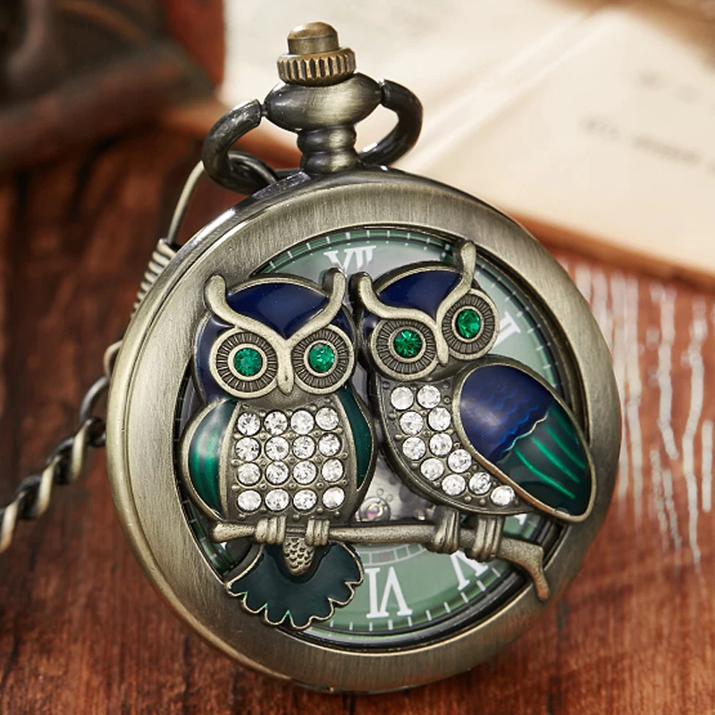 

Green Owl Luxury Rhinestone Skeleton Mechanical Pocket Watch with FOB Chain Steel Metal Clock Hand Winding Doctor Pendant Watch