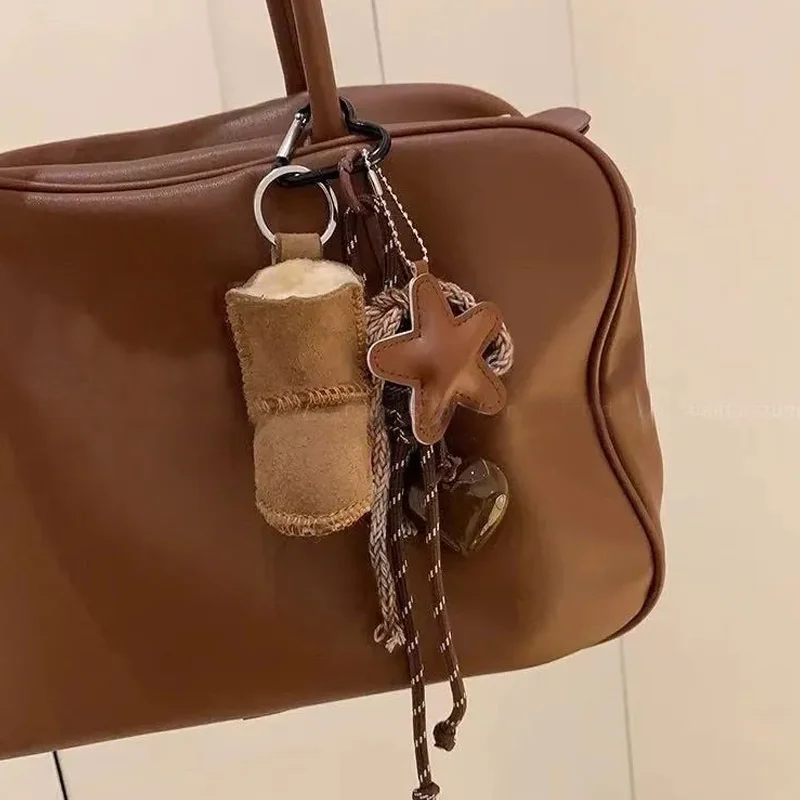 PU Leather Star Keychain Pentagram Car Keyring with Woven Acrylic Heart Snow Boots Pendant Creative Bag Charms