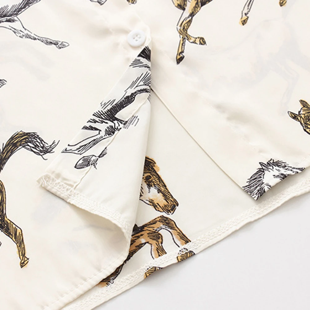 

Women Spring Shirt Horse Print Lapel Single breasted Long Sleeves LAge Reducing Fashionable and Vintage Off White
