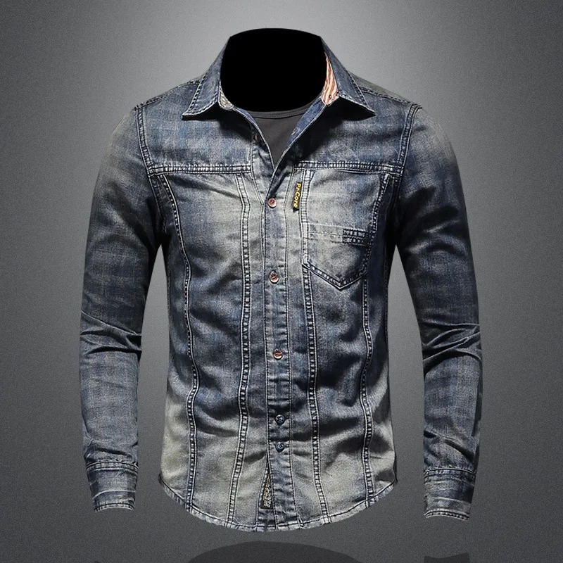 

Spring Autumn Vintage denim shirt Men Printed Casual Shirt Men Vintage Euro-American Denim Shirt Men Punk Denim Shirt Man