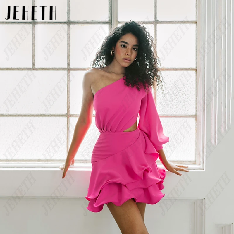 

JEHETH Rose Pink Mini Chiffon Prom Dresses Women Pleat One Shoulder Evening Gowns Puff Sleeves Party Customize Robes De Soirée