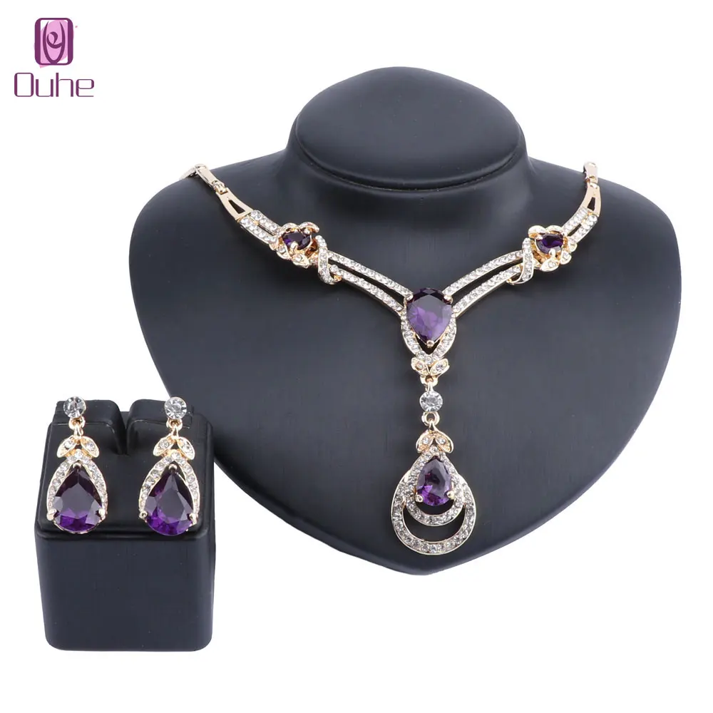 

Women Cubic Zirconia Gold Color Austrian Crystal Water Drop Necklace Earring Jewelry Set Fit with Wedding Dress