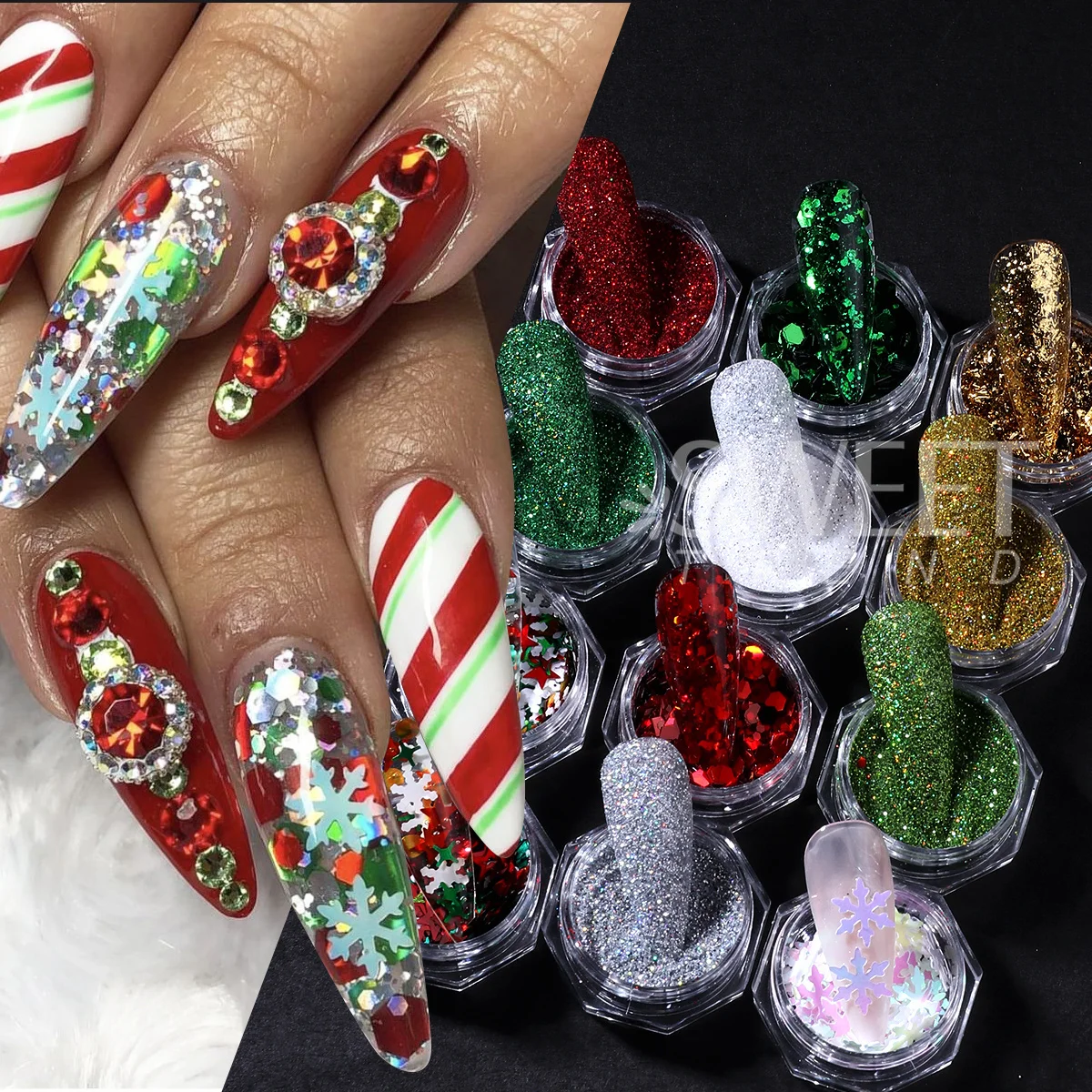 12pcs Christmas Sparkling Nail Art Glitter Mixed Snowflakes Laser Powder Gold Foils Sugar Flash Winter New Year Manicure Decor
