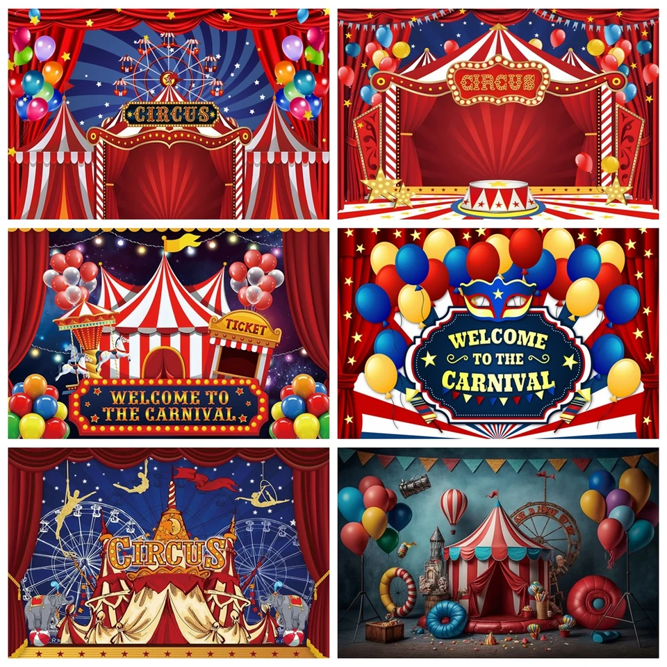 Arrière-plan d'anniversaire de cirque, bienvenue sur le fond de rideau  rouge de carnaval pour les décorations de ballons colorés de stand Photo  pour enfants - AliExpress