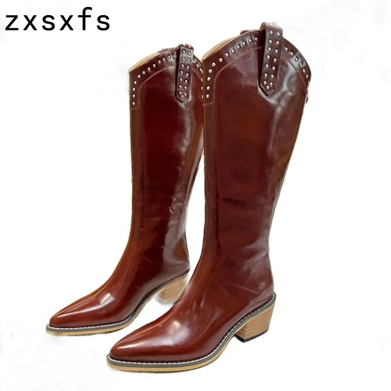 

Runway Studded Real Leather Knee High Boots Women Square High Heel Point Toe Party Shoes Long Boots Autumn Brand Chelsea Boots