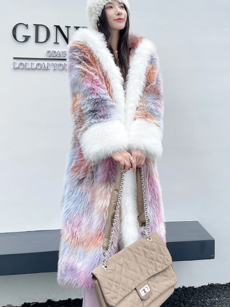 Woman Loose Dream Pink Long Faux Fur Coat 2023 Winter New Streetwear Women's Chinese Ancient Style Hooded Color Furry Jackets