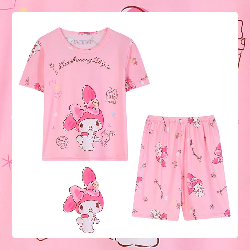 Sanrio Anime Melody Hello Kitty Cinnamoroll Kuromi Children Pajamas Girl Boy  Short Sleeve T Shirt Shorts Suit Casual Clothing 