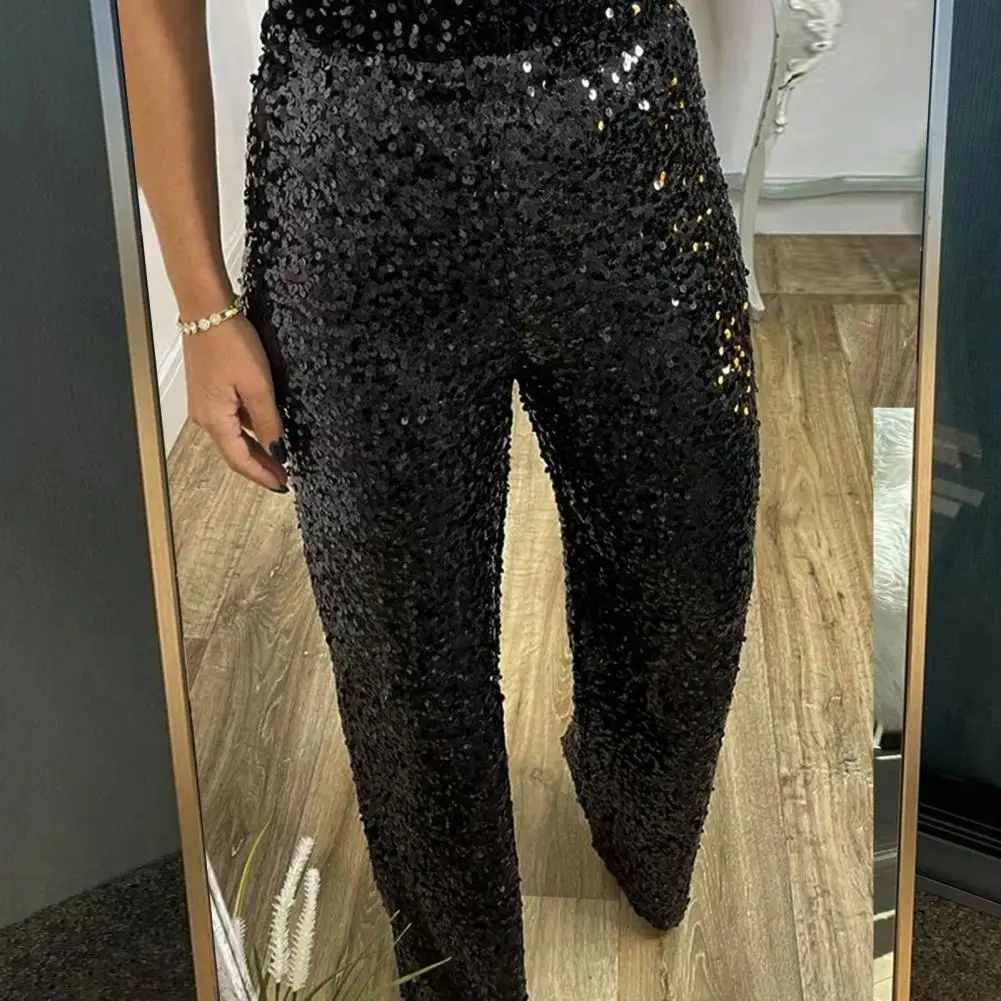 Women Pants Sequins High Waist Flared Pants for Women Shimmering Slim Fit Trousers Solid Color Elastic Streetwear Trendy Fashion
