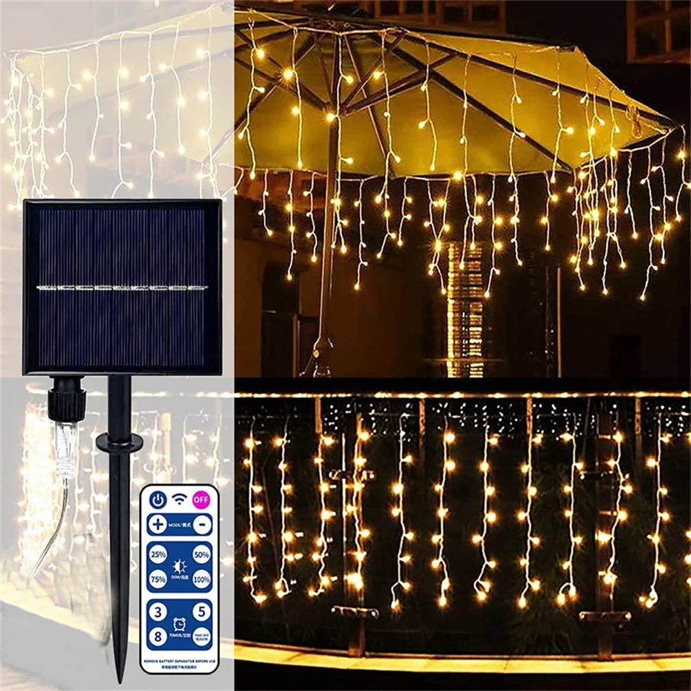 Thrisdar 3/5M Solar LED Icicle Christmas Light Outdoor Dripping Icicle Light Holiday Party Solar Curtain Fairy Garland Light