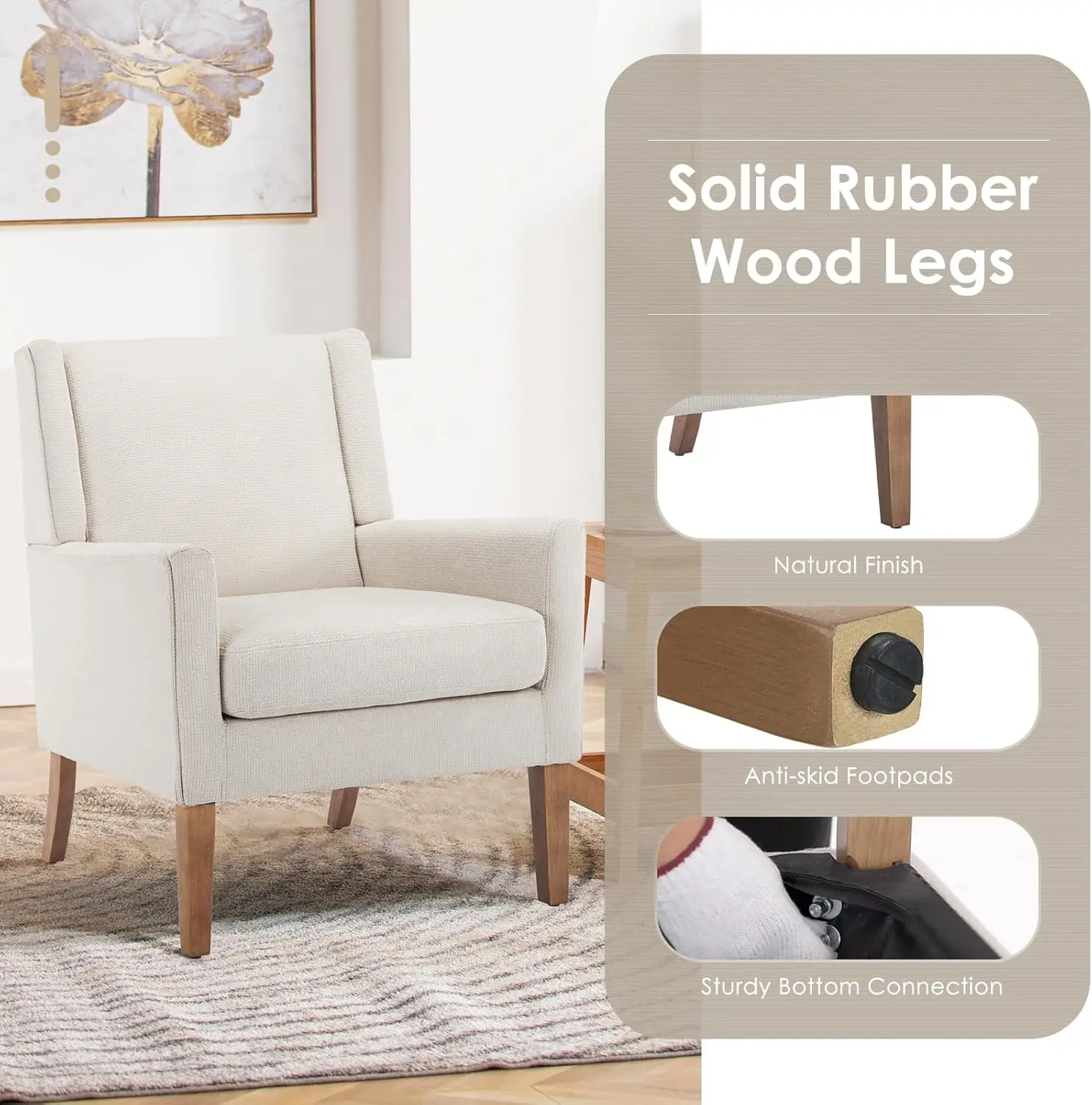 COLAMY Modern Wingback Living Room Chair, Upholstered Fabric Accent Armchair, Single Sofa Chair with Lounge Seat and Wood Le 3