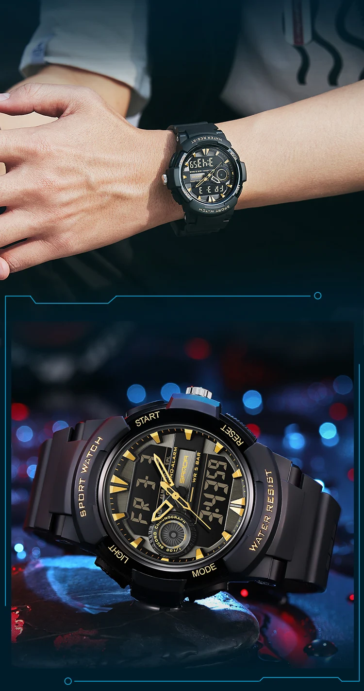 SANDA Brand Mens Sports Fashion Watch Man Dual Display Analog Digital Wristwatches Waterproof Swimming Military Calendar Watches