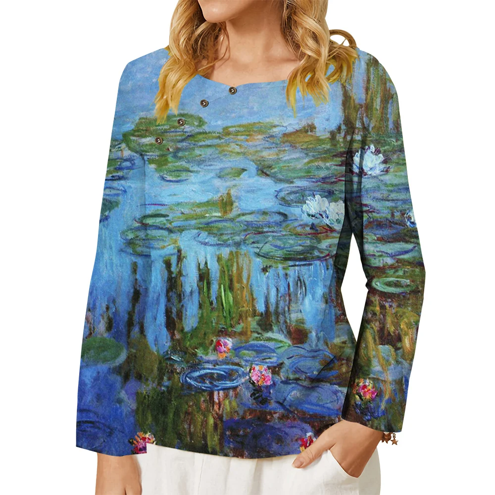 

CLOOCL Women Blue T-shirt Romantic Water Lily Oil Painting Graphics 3D Print Button Decorate Long Sleeve Tee Artistic Blouses