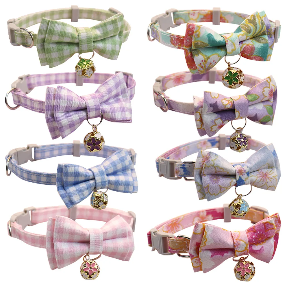 

Candy Color Plaid Cat Collar with Bell Safety Buckle Kitten Bow Tie Adjustable Pets Necklace Puppy Chihuahua Rabbits Neck Strap