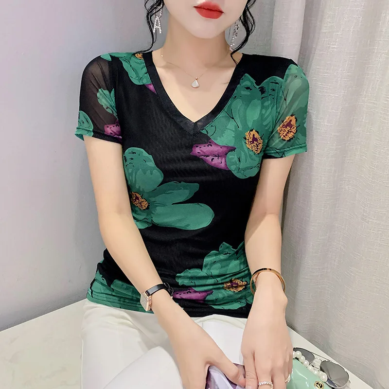 

Summer Fashion Screen Print Positioning Flower Short Sleeve V-neck Small Tight Slim Top Woman Tshirts Mesh Women Clothing