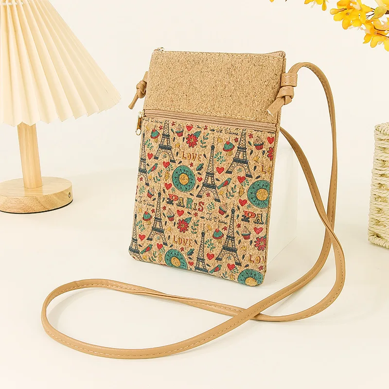 Women's Vintage Print Mobile Phone Bag Wallet Large Capacity Cork Shoulder Crossbody Bag Fashion Phone Pouch Card Holder Purse
