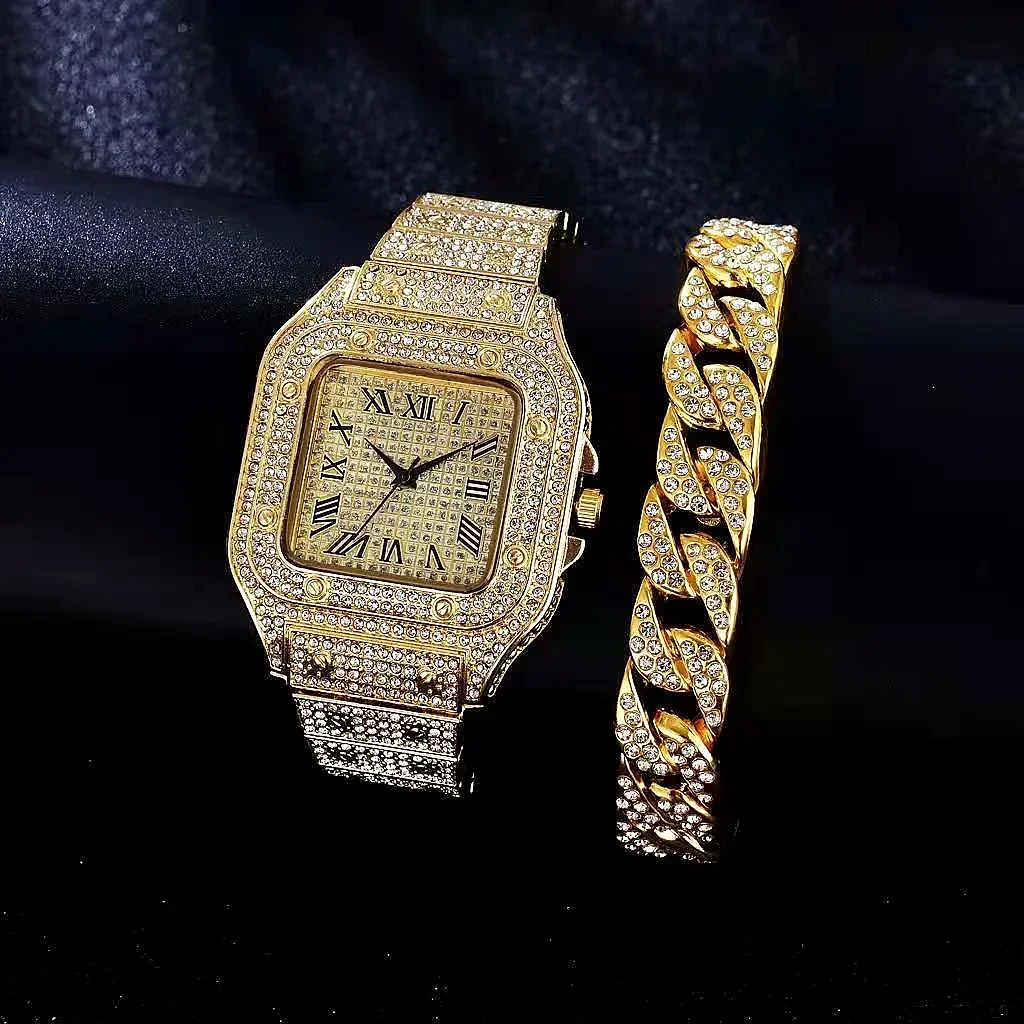 2pcs/set Men's Large Dial Square Rhinestone Watch + Chain Bracelet