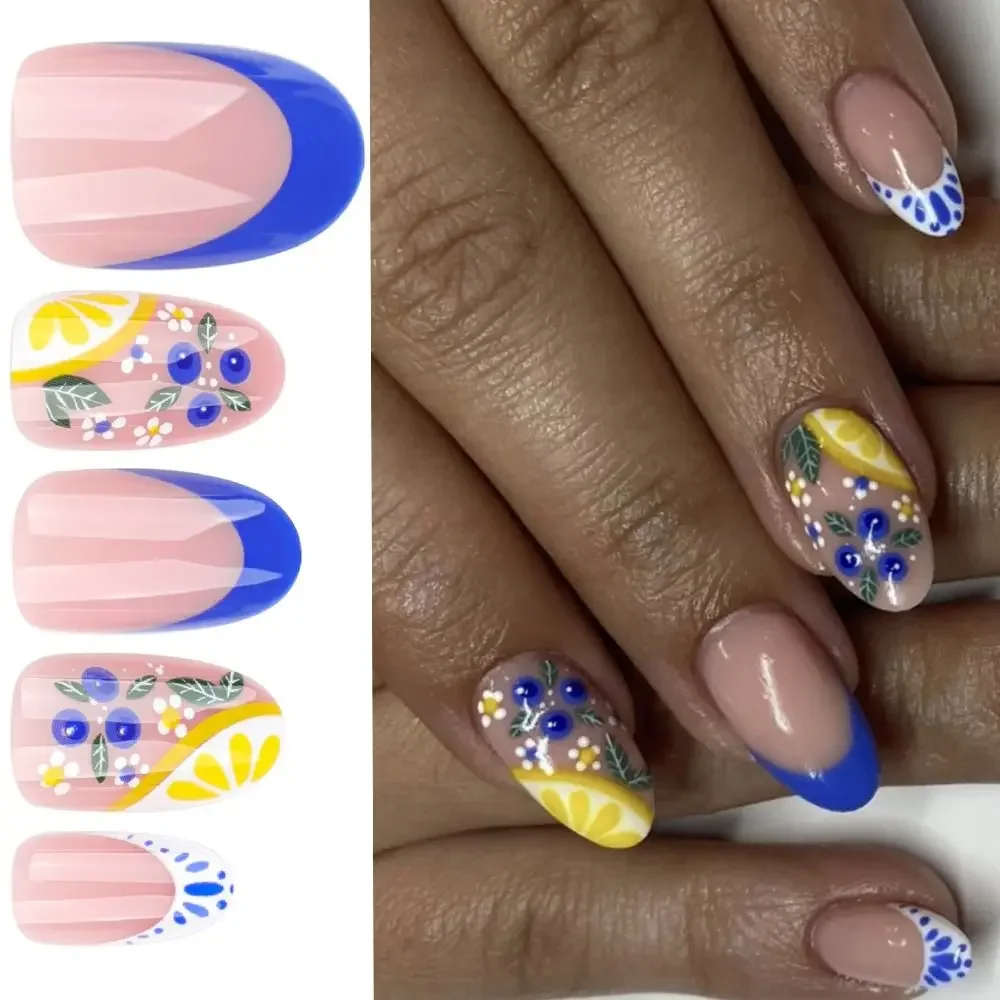 Manicure Oval False Nails French Fruit Lemon Press on Nails Blue Detachable Nail Tips Women