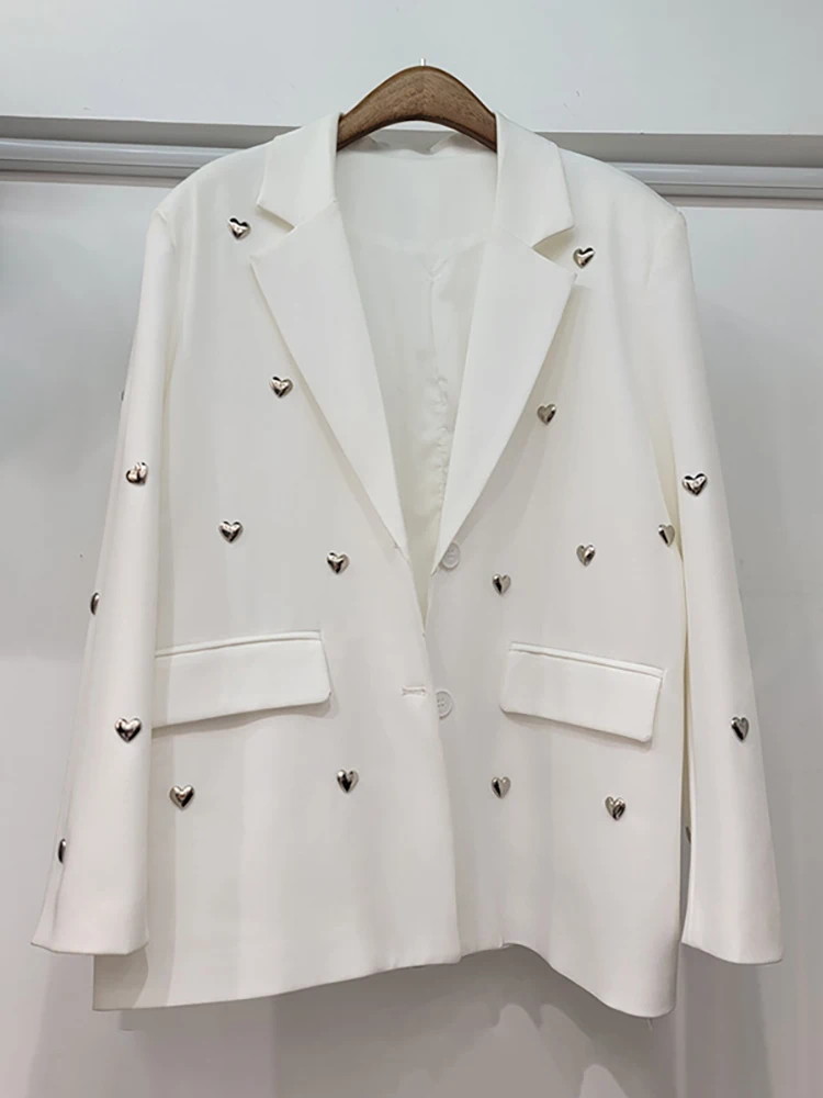 DEAT Women Blazer Notched Collar Heart Shape Embroidered