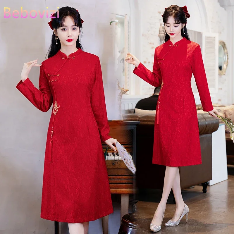 

Chinese Traditional Engagement Long Sleeve Qipao Modern Improved Cheongsam Bride Wedding Red Party Dress New Year CNY