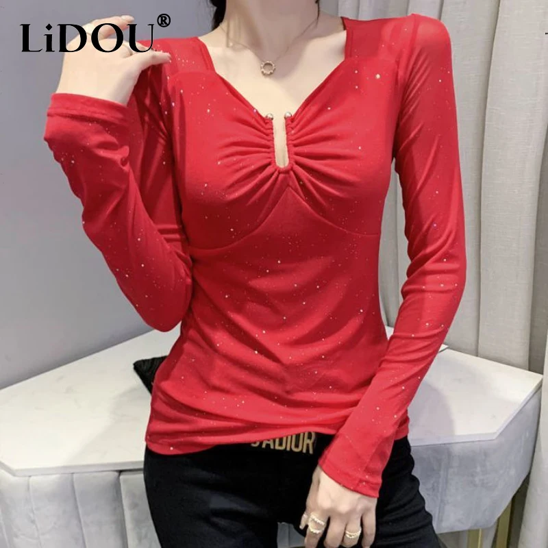 

Tops Women Autumn And Winter Slim Tee Pullovers Long Sleeve V-neck Bottoming Shirt Solid Color Folds Office Lady Korean Style