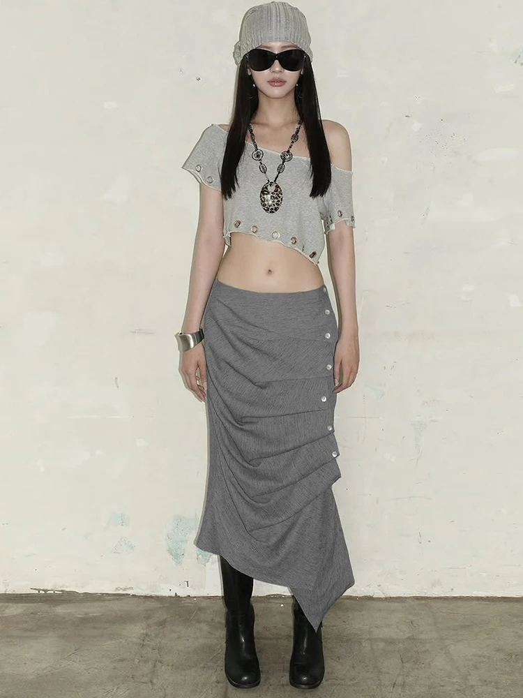 Nibber Button Folds Skirts Women Irregular Hem Skinny Office Style Commute Simple Classic Autumn Trend Street Elegant  Outfits