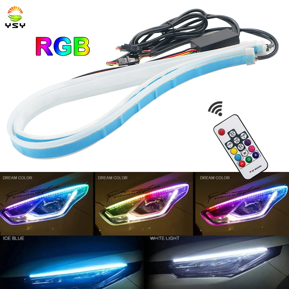 

2pcs Car Sequential Flowing RGB Daytime Running Light DRL Romote Multi Color LED Light Strip Turn Signal Lights For Headlight