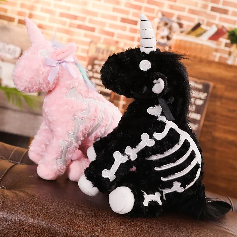 40CM Unicorn Backpack Gothic Rock Pink Plush Flying Horse Skeleton