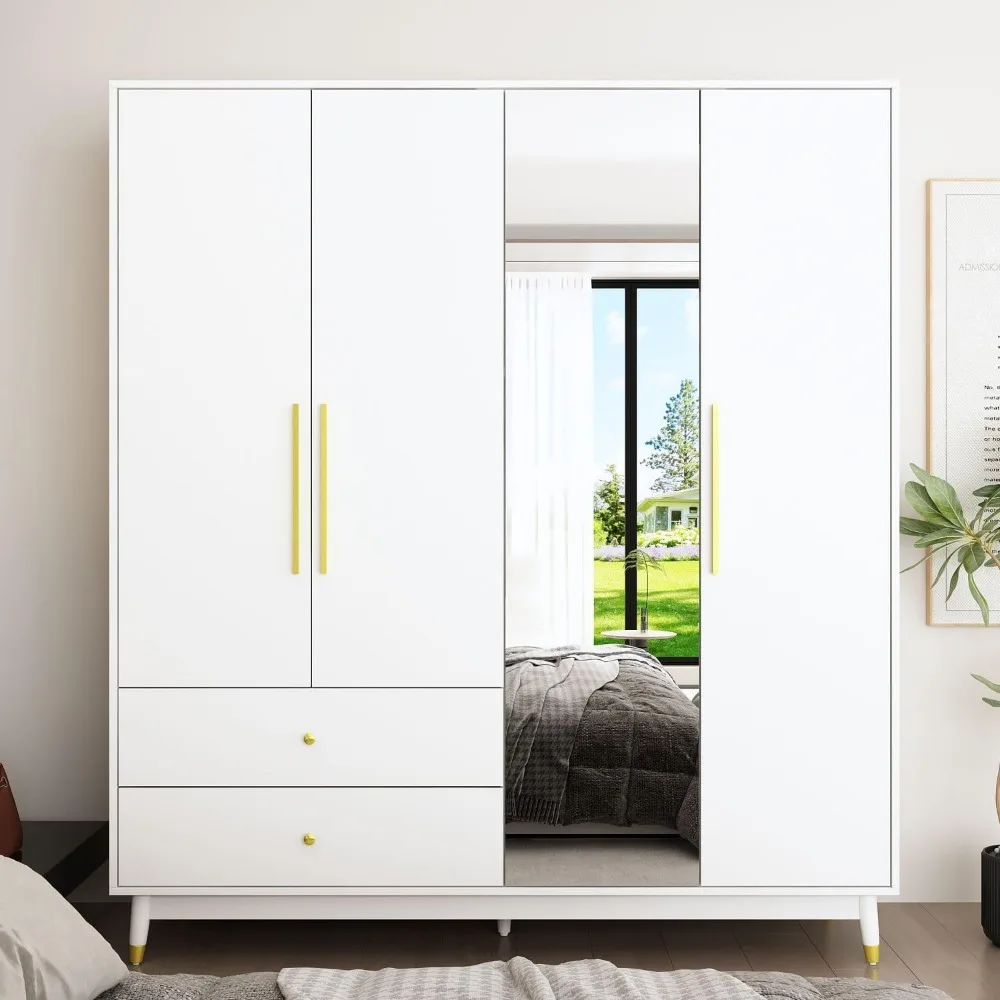 4-Door Wardrobe with Mirror & 2 Drawers, Armoire Wardrobe Closet with 2 Hanging Rods, Armoire Closet with Wooden Legs, Closet 3